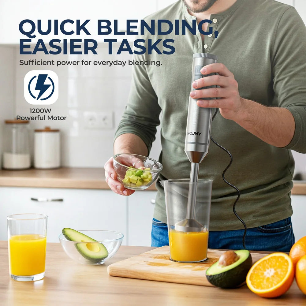 ROUNY 4-in-1 Hand Immersion Blender 1000W Powerful, Stainless Steel Stick Food Mixer,700ml Mixing Beaker,500ml Processor, Whisk