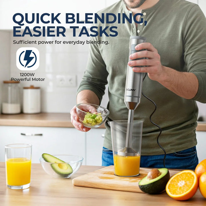 ROUNY 4-in-1 Hand Immersion Blender 1000W Powerful, Stainless Steel Stick Food Mixer,700ml Mixing Beaker,500ml Processor, Whisk