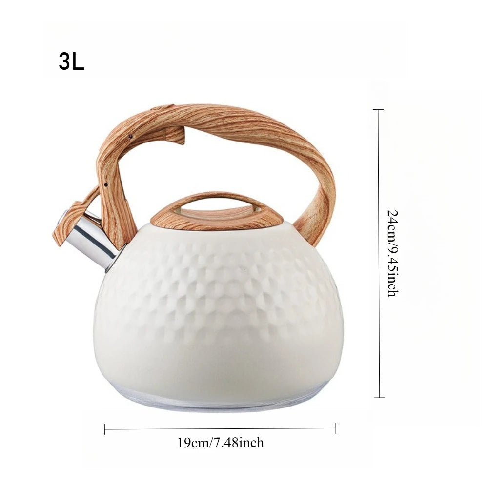 3L Tea Kettle with Wood Pattern Anti Hot Handle Loud Whistle Stainless Steel Kettle Heat Resistant for Boiling Water Coffee Milk
