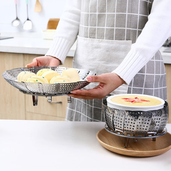 Kitchen Stainless Steel Steamer Fruit Basket Steamed Food Rack Retractable Folding Steamer Cooking Tool