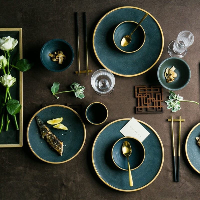 Ceramic Gold Inlay Plates Steak Food Dish Nordic Style Retro Tableware Bowl Ins Dinner Plate Cup High End Dinnerware Set