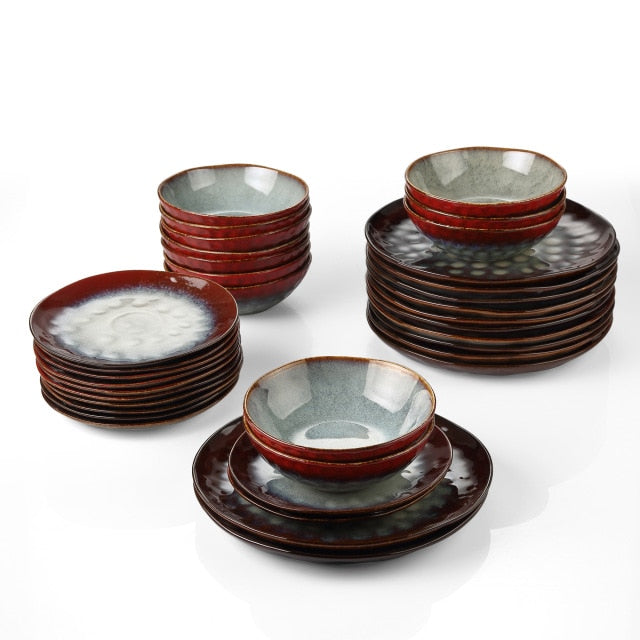 VANCASSO Starry Dinner Set Vintage Look Ceramic Red 12/24/36-Piece Stoneware Tableware Set with Dinner Plate,Dessert Plate,Bowl